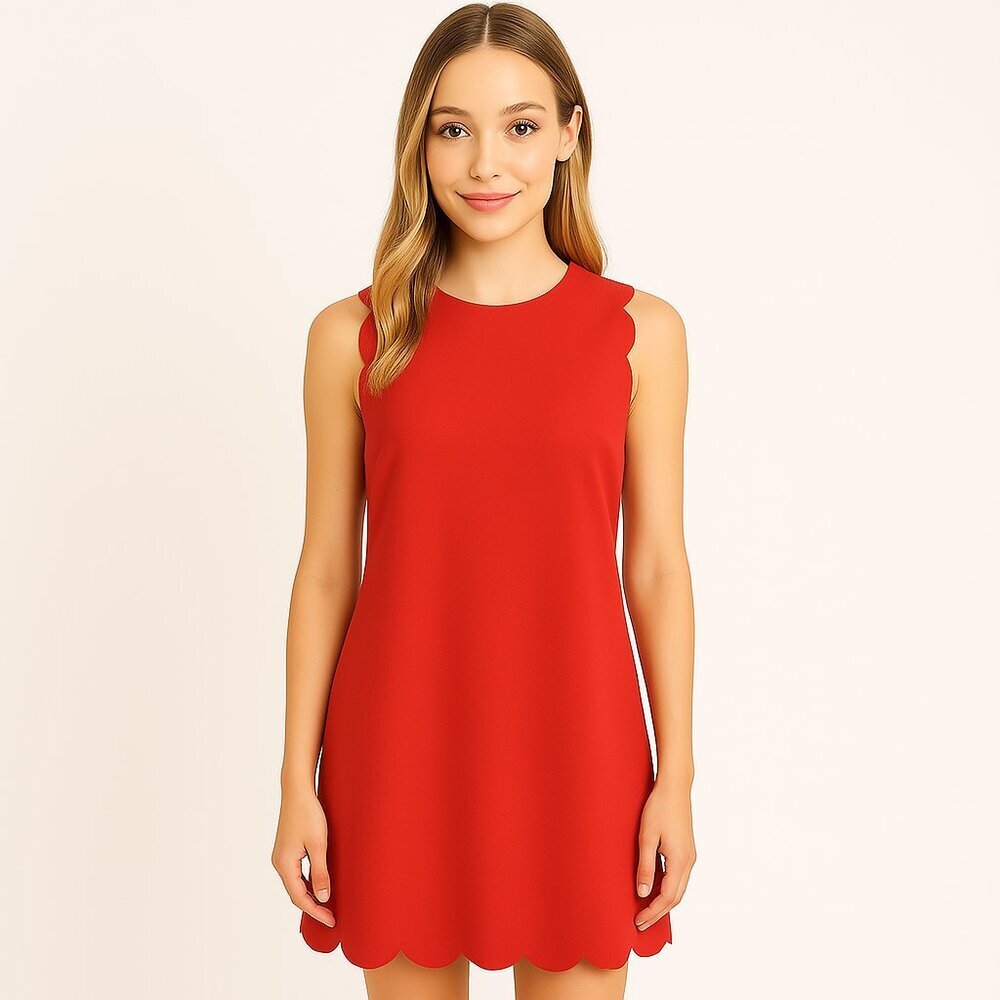 J CREW SHIFT DRESS RED SALMON CORAL SPANDEX LASER CUT SCALLOP HEM BUSINESS MINI
